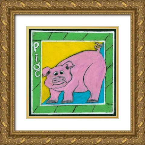 Whimsical Pig Gold Ornate Wood Framed Art Print with Double Matting by L. Choate