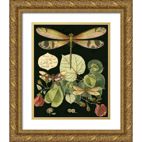 Whimsical Dragonfly on Black II Gold Ornate Wood Framed Art Print with Double Matting by Vision Studio