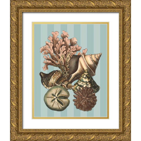Shell and Coral on Aqua I Gold Ornate Wood Framed Art Print with Double Matting by Vision Studio