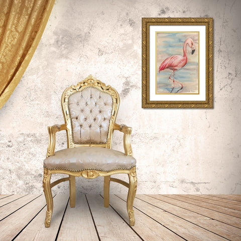 Pink Flamingo I Gold Ornate Wood Framed Art Print with Double Matting by Goldberger, Jennifer