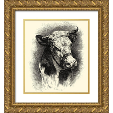 Antique Cattle I Gold Ornate Wood Framed Art Print with Double Matting by Lehnert, F.