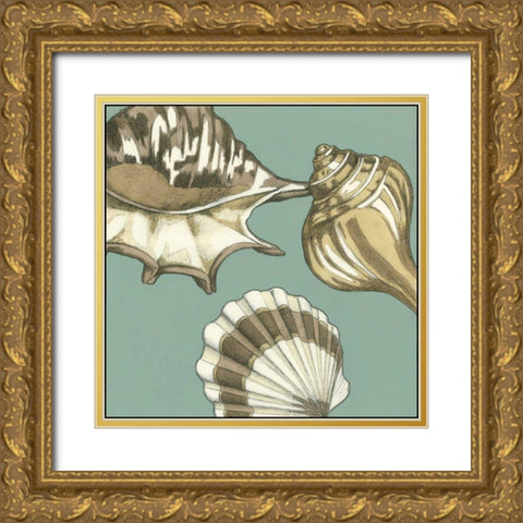 Small Shell Trio on Blue III Gold Ornate Wood Framed Art Print with Double Matting by Meagher, Megan