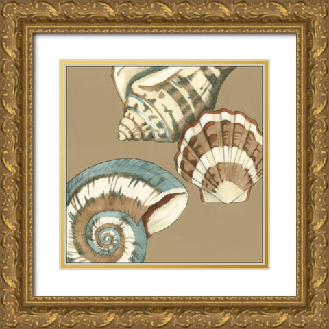 Small Shell Trio on Khaki II Gold Ornate Wood Framed Art Print with Double Matting by Meagher, Megan