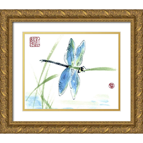 Dragonfly Gold Ornate Wood Framed Art Print with Double Matting by Parker, Nan Rae