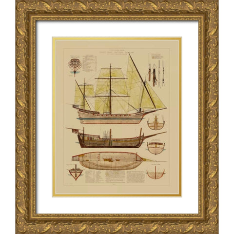 Antique Ship Plan II Gold Ornate Wood Framed Art Print with Double Matting by Vision Studio