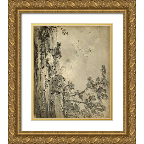 Pastoral Etching II Gold Ornate Wood Framed Art Print with Double Matting by Unknown