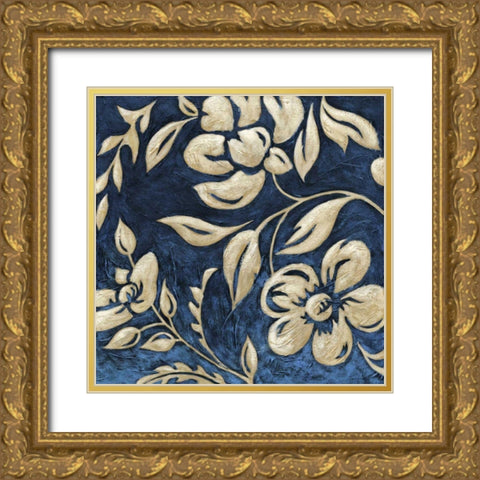 Indigo and Cream Brocade I Gold Ornate Wood Framed Art Print with Double Matting by Zarris, Chariklia