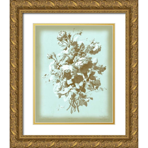 Dussurgey Roses on Blue Gold Ornate Wood Framed Art Print with Double Matting by Dussurgey, Chabal