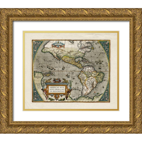Novi Orbis Map Gold Ornate Wood Framed Art Print with Double Matting by Unknown