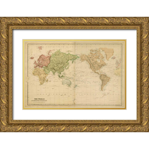 The World-on Mercators Projection Gold Ornate Wood Framed Art Print with Double Matting by Vision Studio