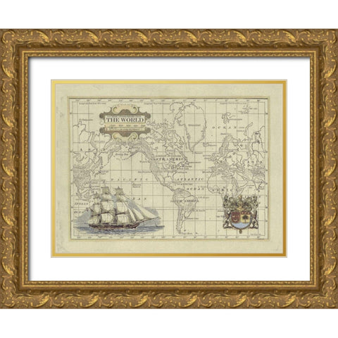 Antique Map of the World Gold Ornate Wood Framed Art Print with Double Matting by Vision Studio