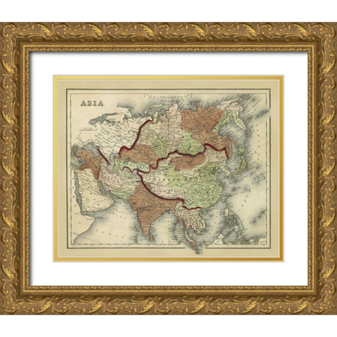 Antique Map of Asia Gold Ornate Wood Framed Art Print with Double Matting by Johnson