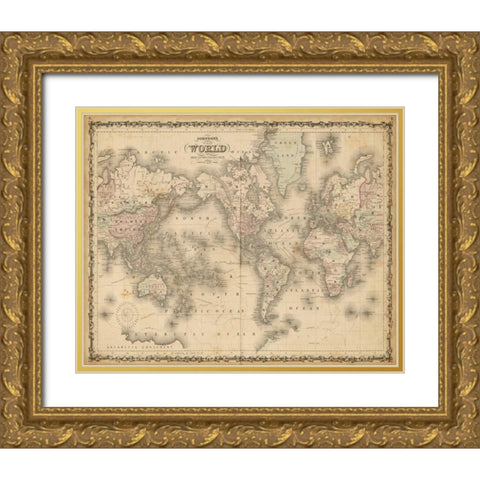 Johnsons Map of the World Gold Ornate Wood Framed Art Print with Double Matting by Johnson