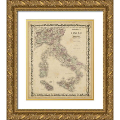 Johnsons Map of Italy Gold Ornate Wood Framed Art Print with Double Matting by Johnson