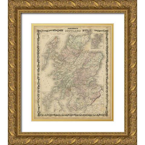 Johnsons Map of Scotland Gold Ornate Wood Framed Art Print with Double Matting by Johnson