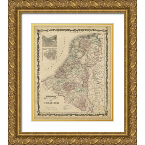 Johnsons Map of Holland and Belgium Gold Ornate Wood Framed Art Print with Double Matting by Johnson