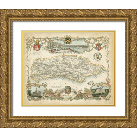 Map of Sussex Gold Ornate Wood Framed Art Print with Double Matting by Unknown