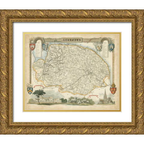 Map of Norfolk Gold Ornate Wood Framed Art Print with Double Matting by Unknown