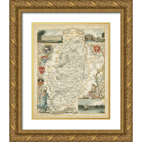 Map of Nottinghamshire Gold Ornate Wood Framed Art Print with Double Matting by Unknown