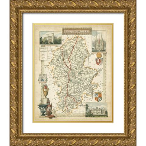 Map of Staffordshire Gold Ornate Wood Framed Art Print with Double Matting by Unknown