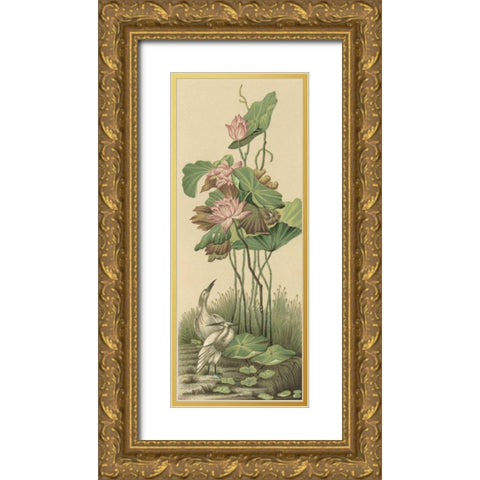 Crane and Lotus Panel I Gold Ornate Wood Framed Art Print with Double Matting by Racinet
