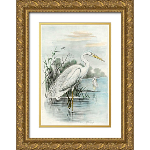 Oversize White Heron Gold Ornate Wood Framed Art Print with Double Matting by unknown