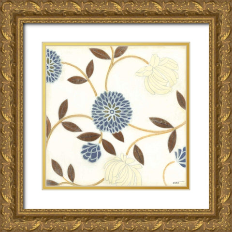 Blue and Cream Flowers on Silk I Gold Ornate Wood Framed Art Print with Double Matting by Wyatt Jr., Norman
