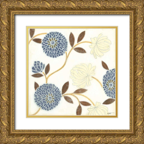 Blue and Cream Flowers on Silk II Gold Ornate Wood Framed Art Print with Double Matting by Wyatt Jr., Norman
