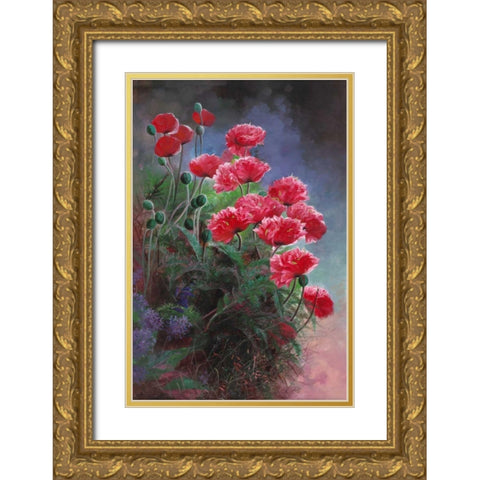 Vibrant Poppies Gold Ornate Wood Framed Art Print with Double Matting by Bo, Li