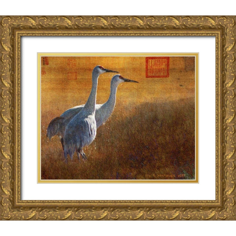 Walking Cranes Gold Ornate Wood Framed Art Print with Double Matting by Vest, Chris