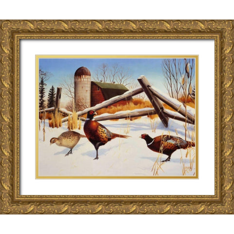 Pheasants II Gold Ornate Wood Framed Art Print with Double Matting by Stans, Leo