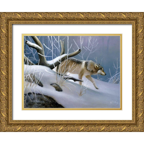 Lone Wolf Gold Ornate Wood Framed Art Print with Double Matting by Stans, Leo
