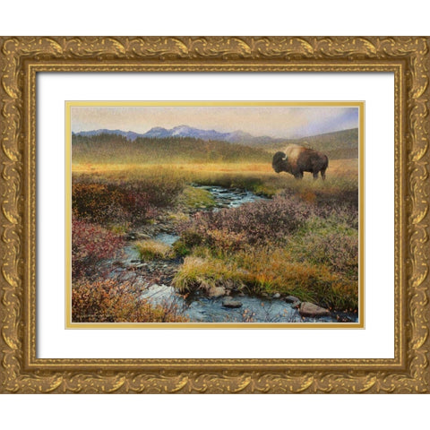 Bison and Creek Gold Ornate Wood Framed Art Print with Double Matting by Vest, Chris