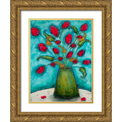Flowers in Green Vase Gold Ornate Wood Framed Art Print with Double Matting by Quin, Marabeth