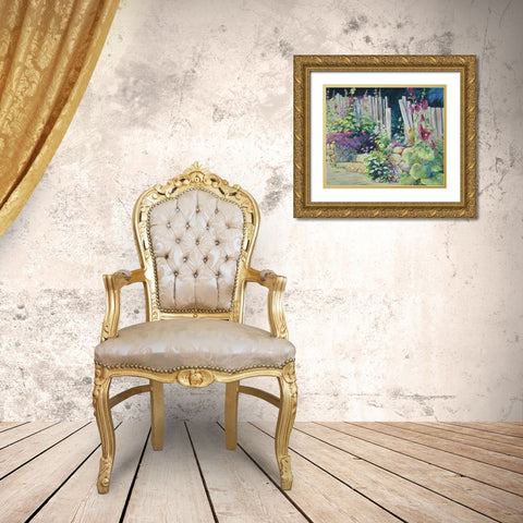 Hollyhock Garden Gold Ornate Wood Framed Art Print with Double Matting by Pollard, Julie G.