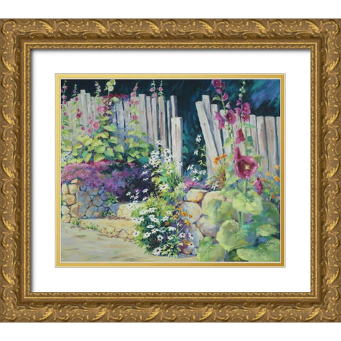 Hollyhock Garden Gold Ornate Wood Framed Art Print with Double Matting by Pollard, Julie G.