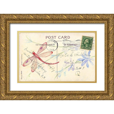 Postcard Dragonfly IV Gold Ornate Wood Framed Art Print with Double Matting by Pallan, Nancy S.