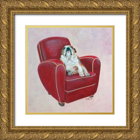 Bulldog on Red Gold Ornate Wood Framed Art Print with Double Matting by Dillon, Carol