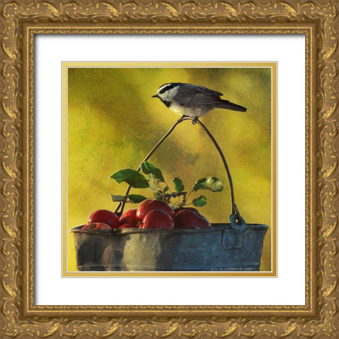Apples and Chickadee Gold Ornate Wood Framed Art Print with Double Matting by Vest, Chris