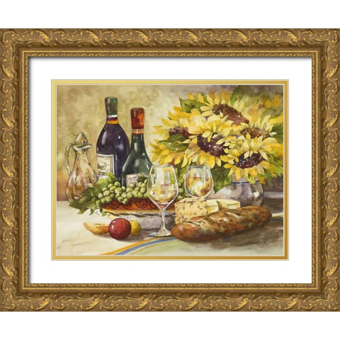 Wine and Sunflowers Gold Ornate Wood Framed Art Print with Double Matting by Van Dijk, Jerianne