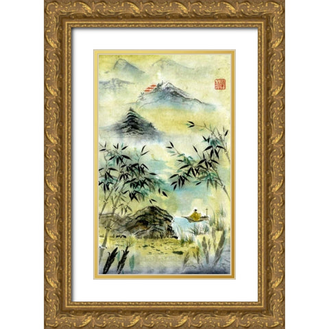 Having Visited Qui Baishi Gold Ornate Wood Framed Art Print with Double Matting by Rae, Nan