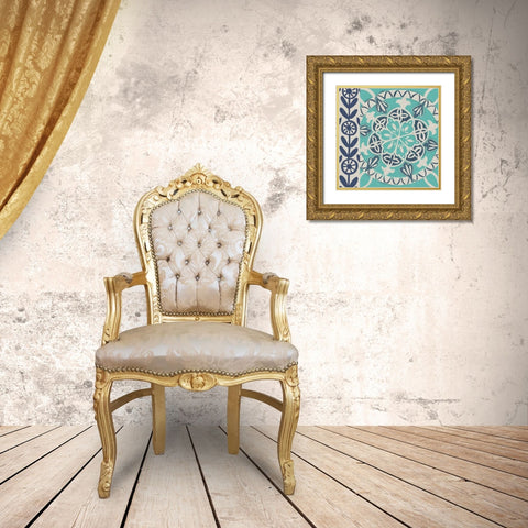 Blue Batik Tile I Gold Ornate Wood Framed Art Print with Double Matting by Zarris, Chariklia