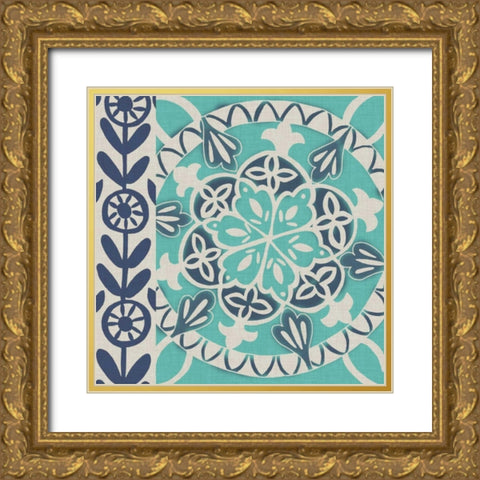 Blue Batik Tile I Gold Ornate Wood Framed Art Print with Double Matting by Zarris, Chariklia