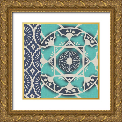 Blue Batik Tile II Gold Ornate Wood Framed Art Print with Double Matting by Zarris, Chariklia