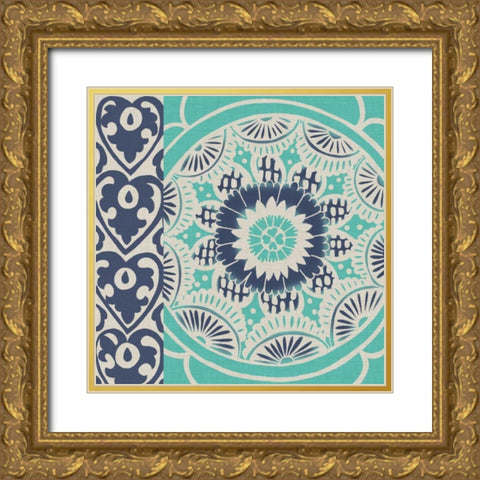 Blue Batik Tile III Gold Ornate Wood Framed Art Print with Double Matting by Zarris, Chariklia