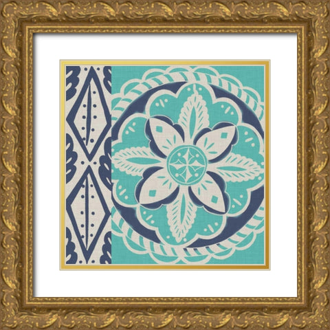 Blue Batik Tile IV Gold Ornate Wood Framed Art Print with Double Matting by Zarris, Chariklia