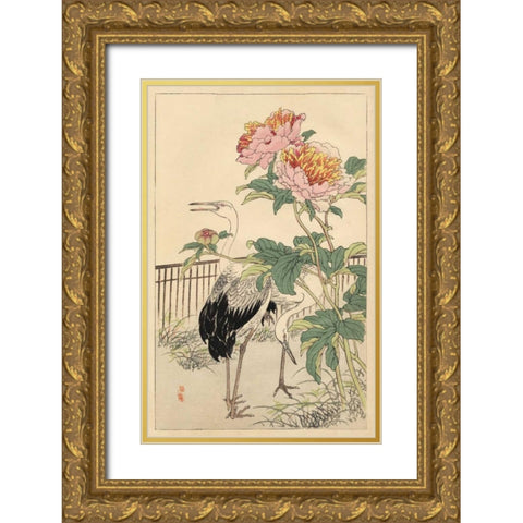 Crane and Peony Gold Ornate Wood Framed Art Print with Double Matting by Bairei