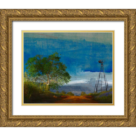Road and Windmill Gold Ornate Wood Framed Art Print with Double Matting by Jasper, Sisa