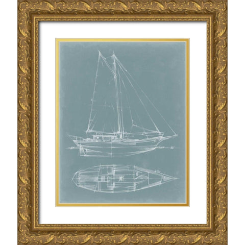 Yacht Sketches III Gold Ornate Wood Framed Art Print with Double Matting by Harper, Ethan
