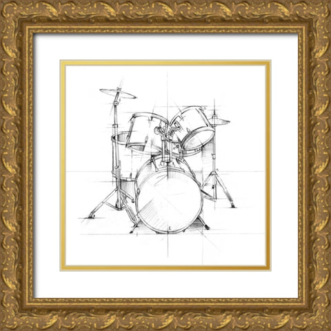 Drum Sketch Gold Ornate Wood Framed Art Print with Double Matting by Harper, Ethan